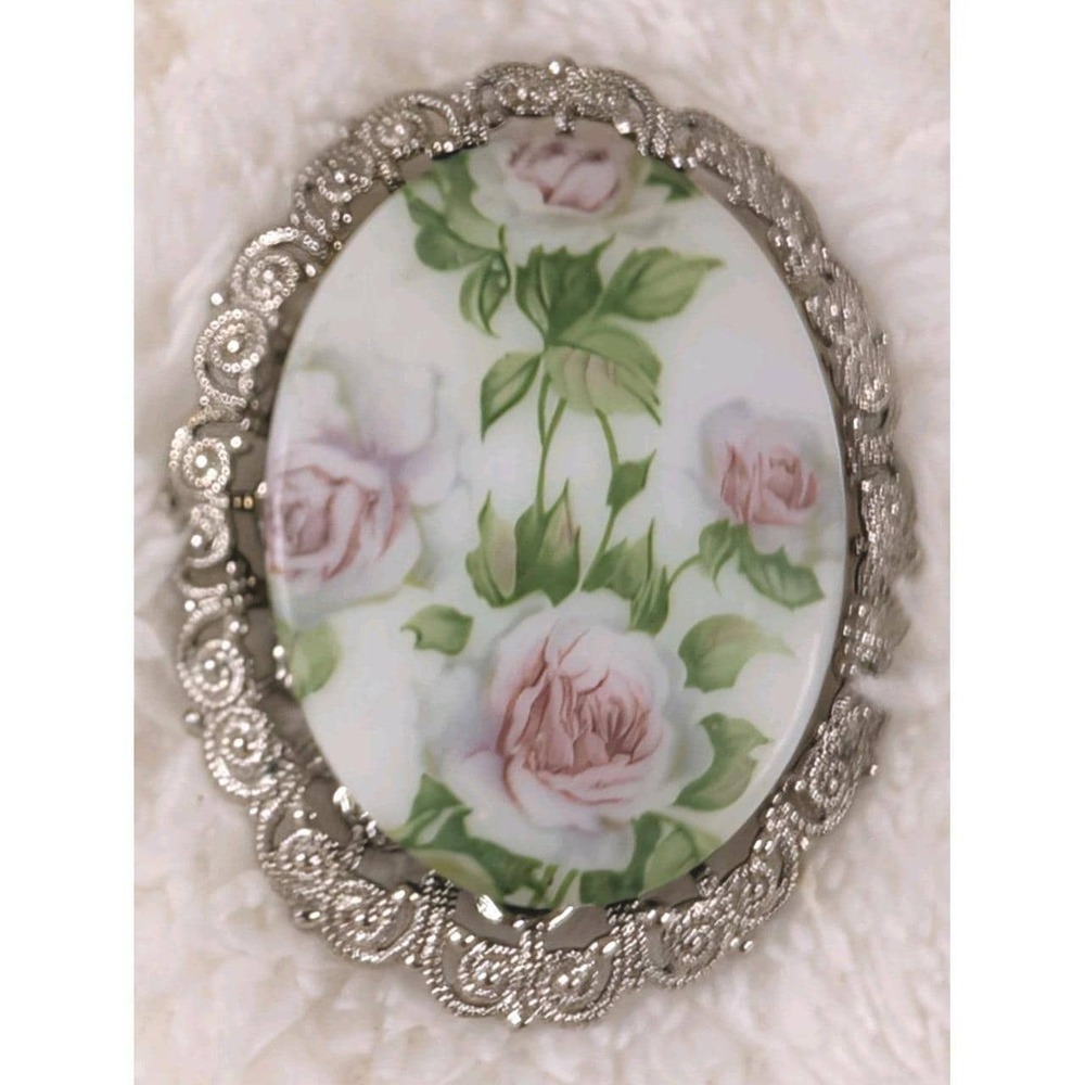 Vintage Porcelain Rose Brooch Silver Tone Filigree Floral Pin Oval Pink White...